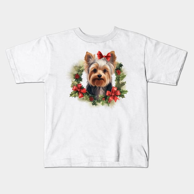 Christmas Yorkshire Terrier Dog Wreath Kids T-Shirt by Chromatic Fusion Studio